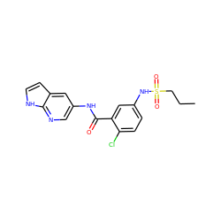 CCCS(=O)(=O)Nc1ccc(Cl)c(C(=O)Nc2cnc3[nH]ccc3c2)c1 ZINC000072180560