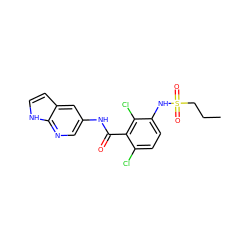 CCCS(=O)(=O)Nc1ccc(Cl)c(C(=O)Nc2cnc3[nH]ccc3c2)c1Cl ZINC000072181379