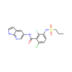 CCCS(=O)(=O)Nc1ccc(Cl)c(C(=O)Nc2cnc3[nH]ccc3c2)c1F ZINC000072181509