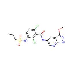 CCCS(=O)(=O)Nc1ccc(Cl)c(C(=O)Nc2cnc3[nH]nc(OC)c3c2)c1Cl ZINC000072181120