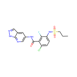 CCCS(=O)(=O)Nc1ccc(Cl)c(C(=O)Nc2cnc3[nH]ncc3c2)c1F ZINC000082155495