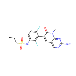 CCCS(=O)(=O)Nc1ccc(F)c(-c2cc3cnc(N)nc3n(C)c2=O)c1F ZINC000084635709