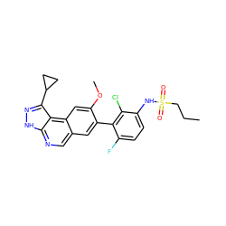 CCCS(=O)(=O)Nc1ccc(F)c(-c2cc3cnc4[nH]nc(C5CC5)c4c3cc2OC)c1Cl ZINC000146808958