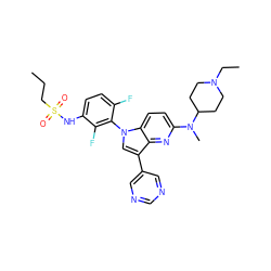 CCCS(=O)(=O)Nc1ccc(F)c(-n2cc(-c3cncnc3)c3nc(N(C)C4CCN(CC)CC4)ccc32)c1F ZINC000203428187