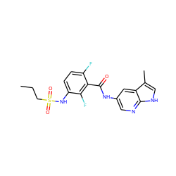 CCCS(=O)(=O)Nc1ccc(F)c(C(=O)Nc2cnc3[nH]cc(C)c3c2)c1F ZINC000072180603