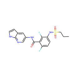 CCCS(=O)(=O)Nc1ccc(F)c(C(=O)Nc2cnc3[nH]ccc3c2)c1F ZINC000072181508