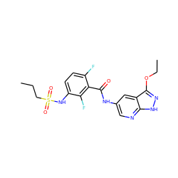 CCCS(=O)(=O)Nc1ccc(F)c(C(=O)Nc2cnc3[nH]nc(OCC)c3c2)c1F ZINC000072180266