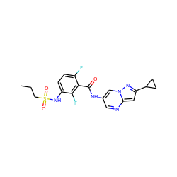 CCCS(=O)(=O)Nc1ccc(F)c(C(=O)Nc2cnc3cc(C4CC4)nn3c2)c1F ZINC000084730589