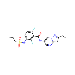 CCCS(=O)(=O)Nc1ccc(F)c(C(=O)Nc2cnc3cc(CC)nn3c2)c1F ZINC000084653648