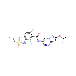 CCCS(=O)(=O)Nc1ccc(F)c(C(=O)Nc2cnc3cc(OC(C)C)nn3c2)c1F ZINC000084758938