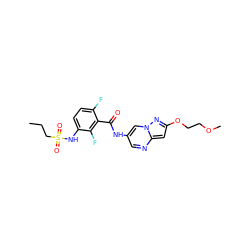 CCCS(=O)(=O)Nc1ccc(F)c(C(=O)Nc2cnc3cc(OCCOC)nn3c2)c1F ZINC000084653407