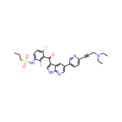 CCCS(=O)(=O)Nc1ccc(F)c(C(=O)c2c[nH]c3ncc(-c4ccc(C#CCN(CC)CC)nc4)cc23)c1F ZINC000113506864