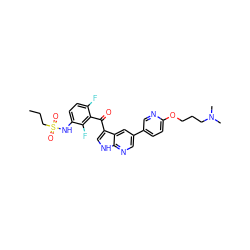 CCCS(=O)(=O)Nc1ccc(F)c(C(=O)c2c[nH]c3ncc(-c4ccc(OCCCN(C)C)nc4)cc23)c1F ZINC000113508772