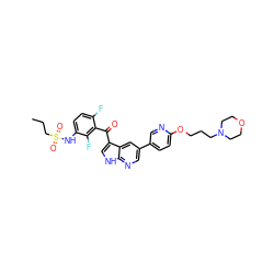 CCCS(=O)(=O)Nc1ccc(F)c(C(=O)c2c[nH]c3ncc(-c4ccc(OCCCN5CCOCC5)nc4)cc23)c1F ZINC000113507319