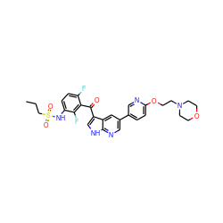 CCCS(=O)(=O)Nc1ccc(F)c(C(=O)c2c[nH]c3ncc(-c4ccc(OCCN5CCOCC5)nc4)cc23)c1F ZINC000113502980