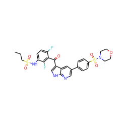 CCCS(=O)(=O)Nc1ccc(F)c(C(=O)c2c[nH]c3ncc(-c4ccc(S(=O)(=O)N5CCOCC5)cc4)cc23)c1F ZINC000113502348