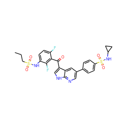 CCCS(=O)(=O)Nc1ccc(F)c(C(=O)c2c[nH]c3ncc(-c4ccc(S(=O)(=O)NC5CC5)cc4)cc23)c1F ZINC000113518897