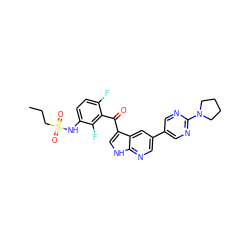 CCCS(=O)(=O)Nc1ccc(F)c(C(=O)c2c[nH]c3ncc(-c4cnc(N5CCCC5)nc4)cc23)c1F ZINC000113516215