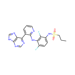 CCCS(=O)(=O)Nc1ccc(F)c(Nc2ncccc2-c2ncnc3[nH]cnc23)c1F ZINC000166372439