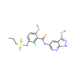 CCCS(=O)(=O)Nc1ccc(OC)c(C(=O)Nc2cnc3[nH]nc(OC)c3c2)c1F ZINC000072142835