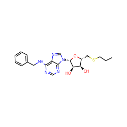 CCCSC[C@H]1O[C@@H](n2cnc3c(NCc4ccccc4)ncnc32)[C@H](O)[C@@H]1O ZINC000013796806