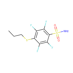 CCCSc1c(F)c(F)c(S(N)(=O)=O)c(F)c1F ZINC000095589548