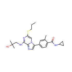 CCCSc1cn2c(-c3ccc(C(=O)NC4CC4)c(C)c3)cnc2c(NCC(C)(C)O)n1 ZINC000200236793