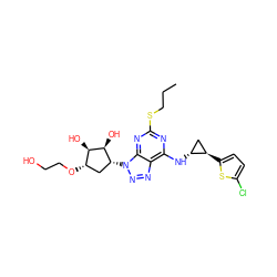 CCCSc1nc(N[C@@H]2C[C@H]2c2ccc(Cl)s2)c2nnn([C@@H]3C[C@H](OCCO)[C@@H](O)[C@H]3O)c2n1 ZINC000103225568