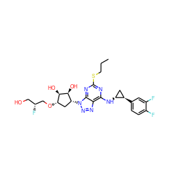 CCCSc1nc(N[C@@H]2C[C@H]2c2ccc(F)c(F)c2)c2nnn([C@@H]3C[C@H](OC[C@H](F)CO)[C@@H](O)[C@H]3O)c2n1 ZINC000103225618