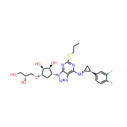 CCCSc1nc(N[C@@H]2C[C@H]2c2ccc(F)c(F)c2)c2nnn([C@@H]3C[C@H](OC[C@H](O)CO)[C@@H](O)[C@H]3O)c2n1 ZINC000103225612