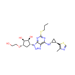 CCCSc1nc(N[C@@H]2C[C@H]2c2scnc2C)c2nnn([C@@H]3C[C@H](OCCO)[C@@H](O)[C@H]3O)c2n1 ZINC000103225571