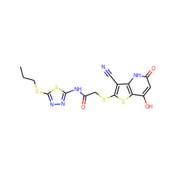 CCCSc1nnc(NC(=O)CSc2sc3c(O)cc(=O)[nH]c3c2C#N)s1 ZINC000013990397