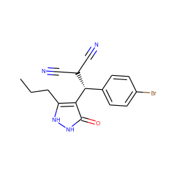 CCCc1[nH][nH]c(=O)c1[C@@H](c1ccc(Br)cc1)C(C#N)C#N ZINC000004631485