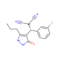 CCCc1[nH][nH]c(=O)c1[C@@H](c1cccc(Cl)c1)C(C#N)C#N ZINC000000547526