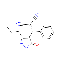 CCCc1[nH][nH]c(=O)c1[C@@H](c1ccccc1)C(C#N)C#N ZINC000000809356