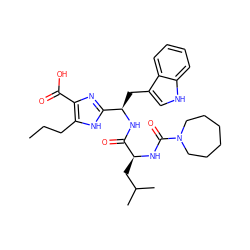 CCCc1[nH]c([C@@H](Cc2c[nH]c3ccccc23)NC(=O)[C@H](CC(C)C)NC(=O)N2CCCCCC2)nc1C(=O)O ZINC000028096767