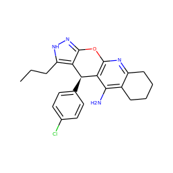 CCCc1[nH]nc2c1[C@H](c1ccc(Cl)cc1)c1c(nc3c(c1N)CCCC3)O2 ZINC001772618175