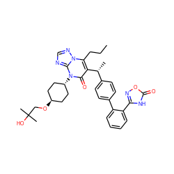 CCCc1c([C@H](C)c2ccc(-c3ccccc3-c3noc(=O)[nH]3)cc2)c(=O)n([C@H]2CC[C@H](OCC(C)(C)O)CC2)c2ncnn12 ZINC000261144501