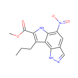 CCCc1c(C(=O)OC)[nH]c2c([N+](=O)[O-])cc3cn[nH]c3c12 ZINC000096258219