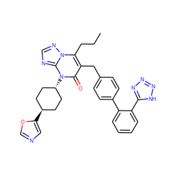 CCCc1c(Cc2ccc(-c3ccccc3-c3nnn[nH]3)cc2)c(=O)n([C@H]2CC[C@H](c3cnco3)CC2)c2ncnn12 ZINC000261112075