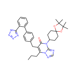 CCCc1c(Cc2ccc(-c3ccccc3-c3nnn[nH]3)cc2)c(=O)n(C2CCC3(CC2)OC(C)(C)C(C)(C)O3)c2ncnn12 ZINC000096178284