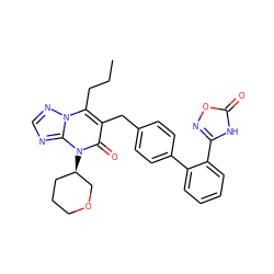 CCCc1c(Cc2ccc(-c3ccccc3-c3noc(=O)[nH]3)cc2)c(=O)n([C@@H]2CCCOC2)c2ncnn12 ZINC000096178247