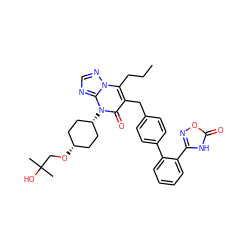 CCCc1c(Cc2ccc(-c3ccccc3-c3noc(=O)[nH]3)cc2)c(=O)n([C@H]2CC[C@@H](OCC(C)(C)O)CC2)c2ncnn12 ZINC000100638578