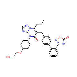 CCCc1c(Cc2ccc(-c3ccccc3-c3noc(=O)[nH]3)cc2)c(=O)n([C@H]2CC[C@@H](OCCO)CC2)c2ncnn12 ZINC000100638591