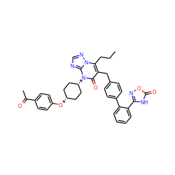 CCCc1c(Cc2ccc(-c3ccccc3-c3noc(=O)[nH]3)cc2)c(=O)n([C@H]2CC[C@@H](Oc3ccc(C(C)=O)cc3)CC2)c2ncnn12 ZINC000150533205