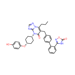 CCCc1c(Cc2ccc(-c3ccccc3-c3noc(=O)[nH]3)cc2)c(=O)n([C@H]2CC[C@@H](Oc3ccc(O)cc3)CC2)c2ncnn12 ZINC000100638671