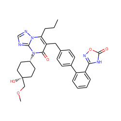 CCCc1c(Cc2ccc(-c3ccccc3-c3noc(=O)[nH]3)cc2)c(=O)n([C@H]2CC[C@](O)(COC)CC2)c2ncnn12 ZINC000100638702