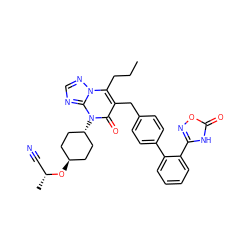 CCCc1c(Cc2ccc(-c3ccccc3-c3noc(=O)[nH]3)cc2)c(=O)n([C@H]2CC[C@H](O[C@H](C)C#N)CC2)c2ncnn12 ZINC000261128690