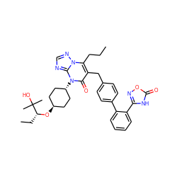 CCCc1c(Cc2ccc(-c3ccccc3-c3noc(=O)[nH]3)cc2)c(=O)n([C@H]2CC[C@H](O[C@H](CC)C(C)(C)O)CC2)c2ncnn12 ZINC000261132425