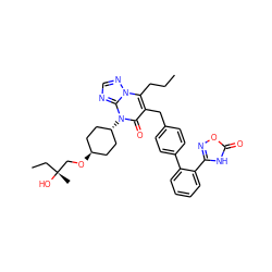 CCCc1c(Cc2ccc(-c3ccccc3-c3noc(=O)[nH]3)cc2)c(=O)n([C@H]2CC[C@H](OC[C@](C)(O)CC)CC2)c2ncnn12 ZINC000261135867